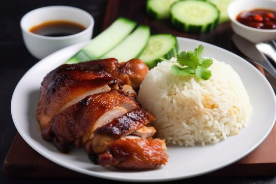 Roast duck with rice and cucumber on a black background. Generative AI
