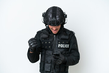 SWAT man over isolated white background surprised and sending a message