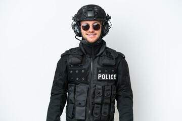 SWAT man over isolated white background with glasses and happy