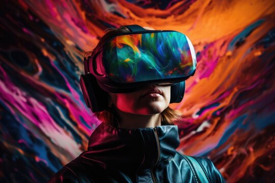 person wearing a virtual reality headset, with a colorful and vivid display on the headset. Immersion and escapism - AI Generated Illustration