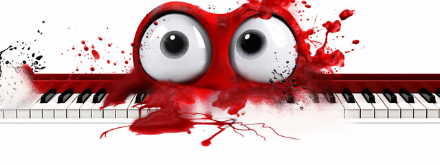 A red cartoon character peering over a piano keyboard, with a creative splatter effect for a musical theme.