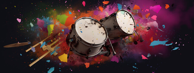 Drum set against a cosmic burst of colors, symbolizing the energy and vibrancy of musical performance.