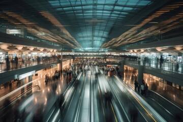 A time-lapse shot of a busy airport terminal at night, with blurred figures rushing past. Sense of travel and motion
