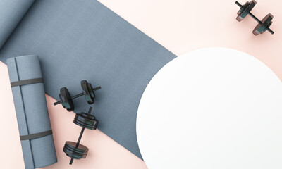 illustration smart watch. sport fitness equipment, podium product stand, yoga mat, bottle of water, dumbbells, weights, with Fitness shoes and isolate on pastel background. 3d rendering Be Healthy.