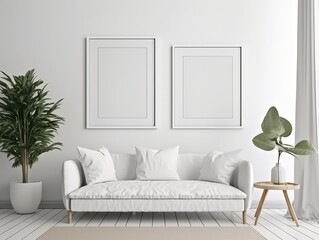 Modern living room with two photo frame, sofa and plants. Generative ai