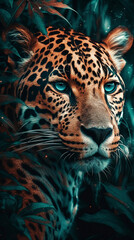 Fototapeta na wymiar Jaguar In Realistic Photography Style In Colorful Tropical Jungle Detailed Portrait Front Lock Generative Ai Digital Illustration Part#140423
