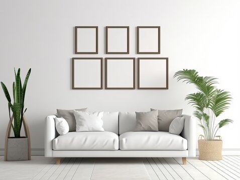 Modern living room with six photo frame, sofa and plants. Generative ai