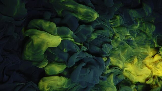 Yellow and black paint drops in water on a black background, abstract and beautiful wave of ink.
