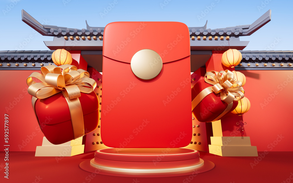 Poster red package with chinese ancient building background, 3d rendering.