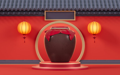 Fototapeta na wymiar Chinese ancient wine jar with ancient background, 3d rendering.