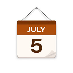 July 5, Calendar icon with shadow. Day, month. Meeting appointment time. Event schedule date. Flat vector illustration.