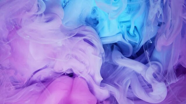 Magic mixing of color. Cloud of silky ink in water isolated on black background. Colorful ink in water, ink drop. Purple, blue, pink