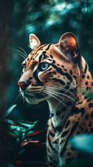 Ocelot In Realistic Photography Style In Colorful Tropical Jungle Detailed Portrait Front Lock Generative Ai Digital Illustration Part#140423
