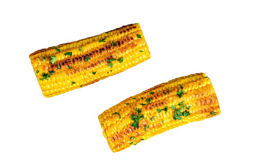 Grilled sweet corn with paprika, salt and cilantro.  Isolated, transparent background