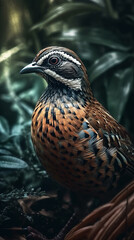 Quail In Realistic Photography Style In Colorful Tropical Jungle Detailed Portrait Front Lock Generative Ai Digital Illustration Part#140423