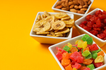 Tasty food concept - delicious dried fruits, tasty dried food