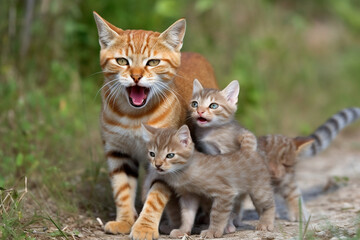 Naklejka na ściany i meble cute cat and her little kittens