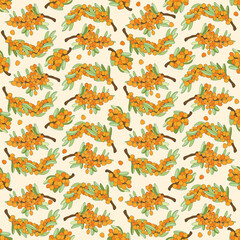 Fototapeta premium Sea buckthorn berries and leaves. Vector outline drawn illustration seamless pattern