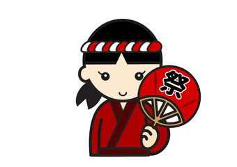 祭のうちわを持つ浴衣の女の子