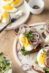 Smorrebrod sandwiches with herring fillet, rye bread, cream cheese, boiled egg slices, onion rings and microgreens on white dish rustic style