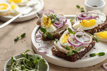 Smorrebrod sandwiches with herring fillet, rye bread, cream cheese, boiled egg slices, onion rings and microgreens on white dish rustic style