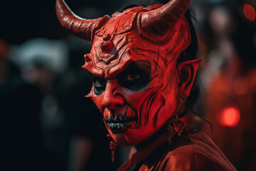 red devil demon with horns on black background. Generative AI - obrazy, fototapety, plakaty
