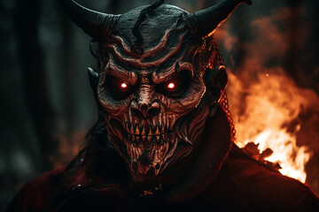 Devil or demon with scary face and horns in front of hellfire. Generative AI