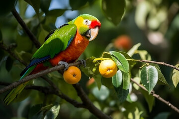 parrot picking fruit on a tree branch