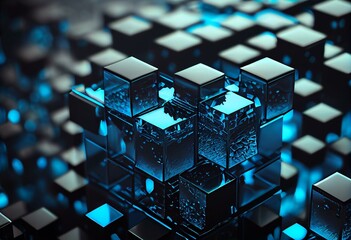 Fototapeta na wymiar Blue and Black, Translucent Cubes Precisely Aligned to create a Modern Tech Wallpaper. 3D Render. Generative AI