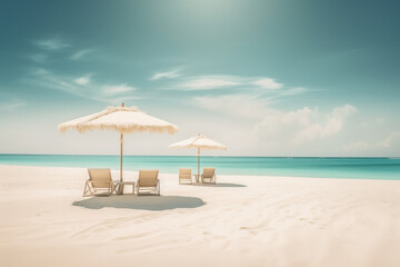 Beautiful beach banner. White sand, chairs and umbrella. Travel tourism  background . Amazing beach landscape. Generative AI