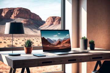 Home work setup with a notebook on the table with a stunning view of the mountains through the window, generative ai