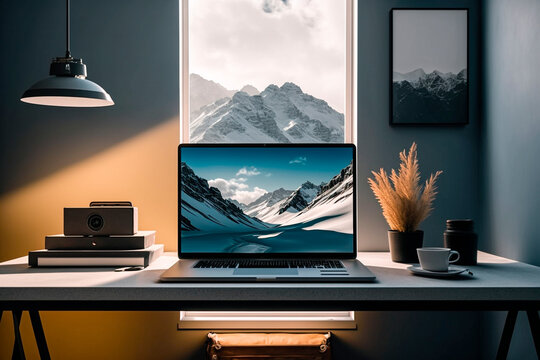 Home work setup with a laptop on the table with a stunning view of the icy mountains through the window, generative ai