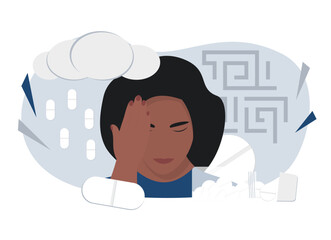 Depressed woman with medicines. Headache. Depression anxiety. Concept of antidepressants. Medicine. Cold and flu. 