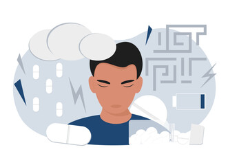 Depression anxiety. Treating illness or disorder. Medicine.  Mental health illness. Vector illustration.