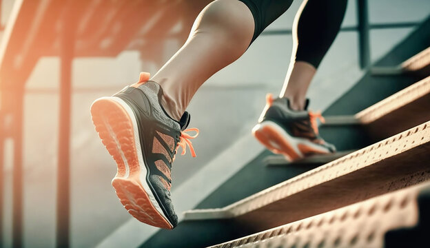 runner athlete running feet up stair with sunlight, training to be winner, self challenge theme concept, AI generative.