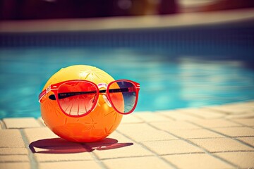 AI GENERATIVE, fun attractive orange woman in stylish sunglasses on terrace by the pool, Tropical summer vacation concept