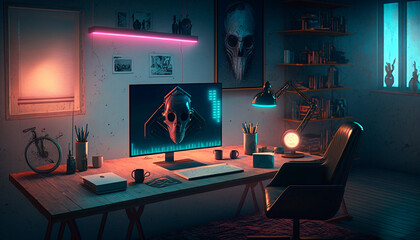 A home office setup with a computer on a desk, cyberpunk style, generative ai