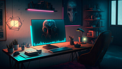 A home office setup with a computer on a desk, cyberpunk style, generative ai