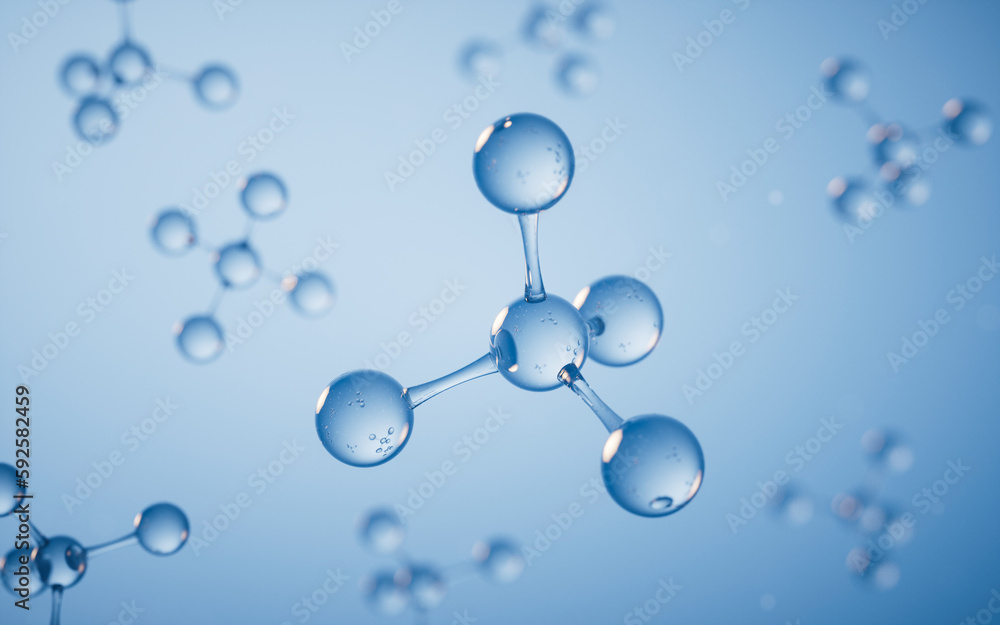 Poster Molecules with blue background, 3d rendering.