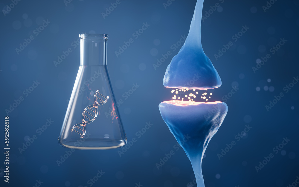 Poster Synapse of neuron cell, biology concept, 3d rendering.