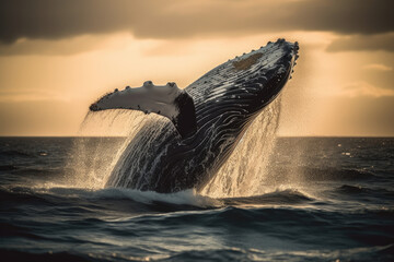 Naklejka premium A humpback whale leaping out of water, jump out of water