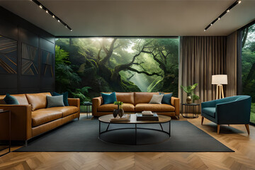 Fototapeta na wymiar Interior design of a living room that's inspired by nature, incorporating natural materials, plants, and earth tones to create a calming and peaceful environment | Generative AI