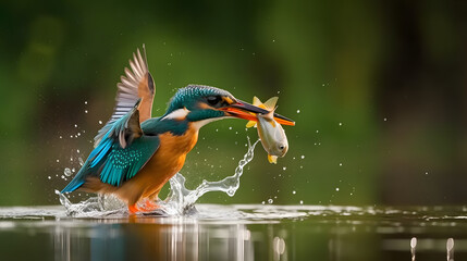 Beautiful kingfisher catching a fish