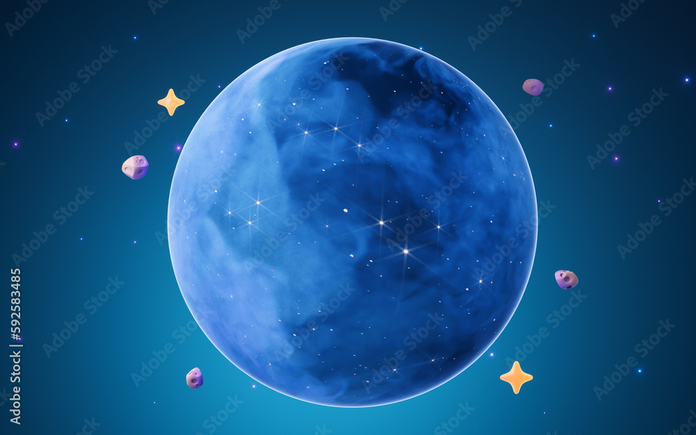 Poster cartoon style planet in the outer space, 3d rendering.