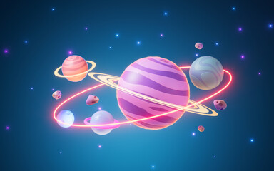 Cartoon style planet in the outer space, 3d rendering.