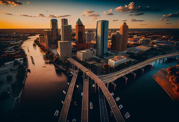 Tampa, FL USA - 1-20-2021: Grandious aerial view over the Hillsborough river leading to downtown Tampa. Generative AI