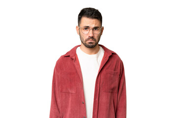 Young handsome caucasian man over isolated chroma key background with sad expression