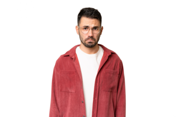 Young handsome caucasian man over isolated chroma key background with sad expression