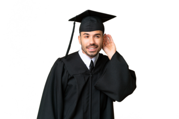 Young university graduate man over isolated chroma key background listening to something by putting hand on the ear