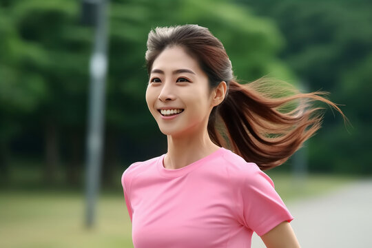 朝の公園で笑顔でジョギングをする溌剌とした元気な20代日本人女性, AI Generative